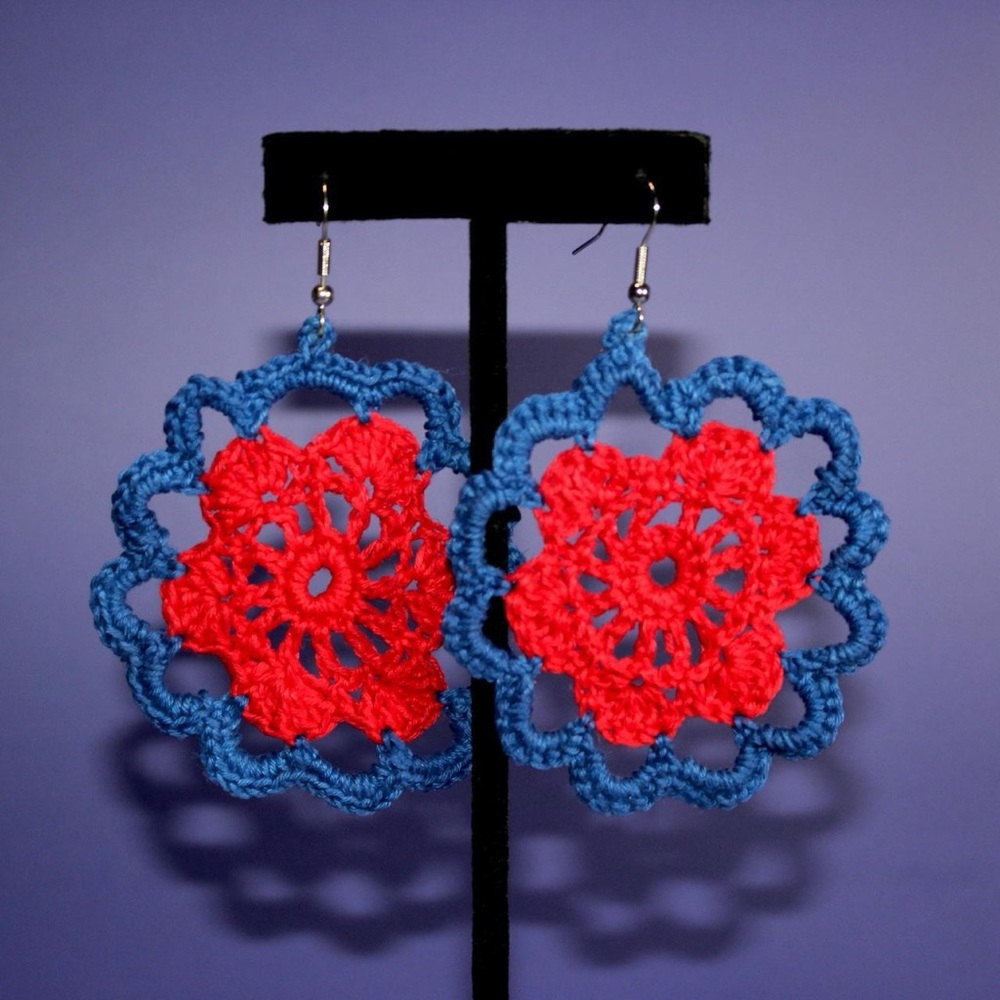 Handcrafted Red and Blue Crochet Earrings